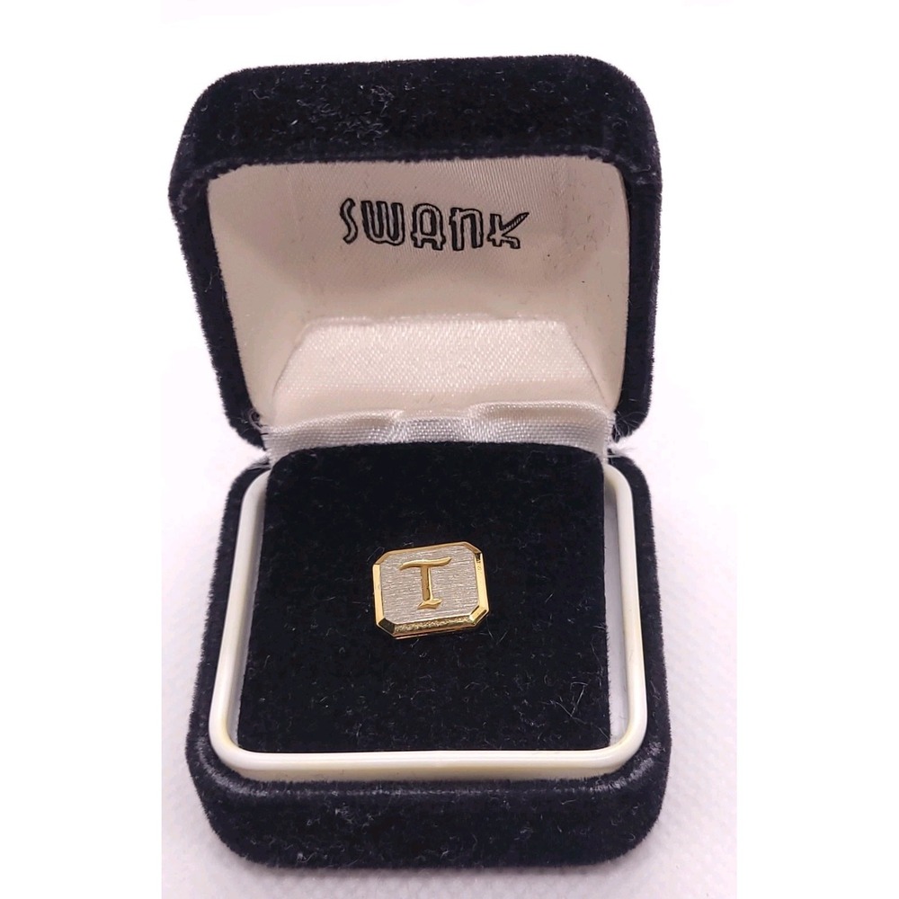 Vintage Swank Monogram T Tie Tack Pin Gold Silver Tone Chain Bar Original Box